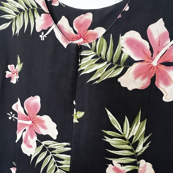Pineapple Moon Tropical Silk Dress VTG Size M Black Floral Hawaiian Hibiscus - Picture 4 of 7